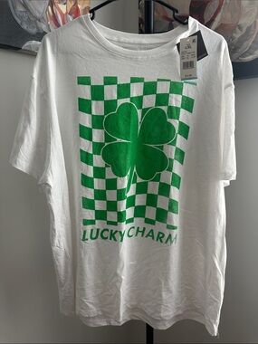 Grayson Threads White Tee with Green Shamrock Checker Graphic